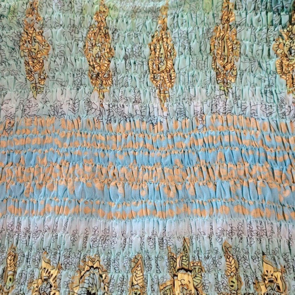 Vtg 90s Festival Smocked Crinkle Colorful Maxi Dress Sz 6P Blue Paisley Stretch - Picture 12 of 12